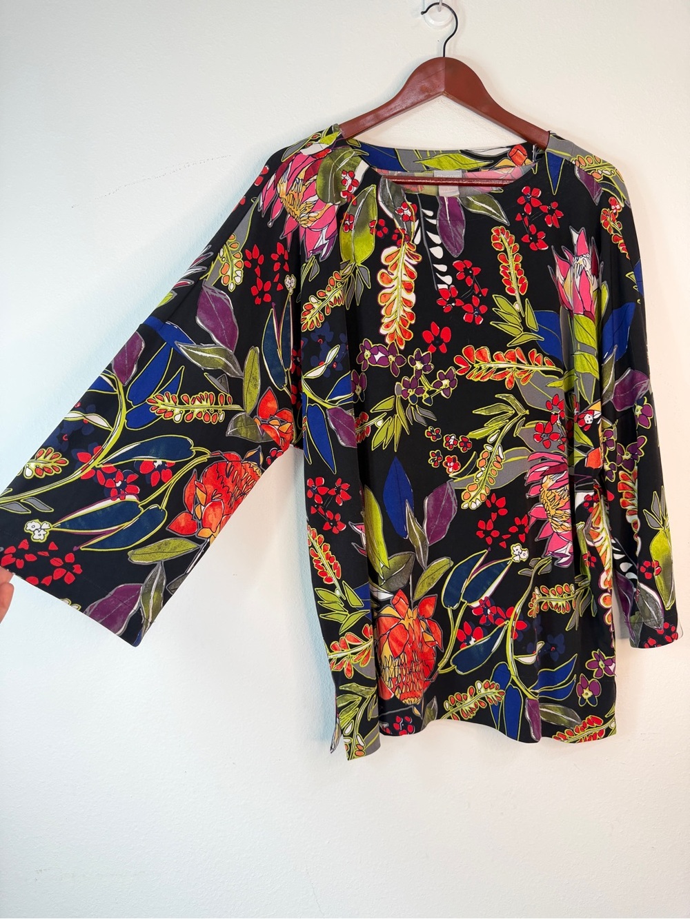 Chicos Black Colorful Boho Floral Tunic Top 3/4 Bell Sleeves Artsy Fairy Large